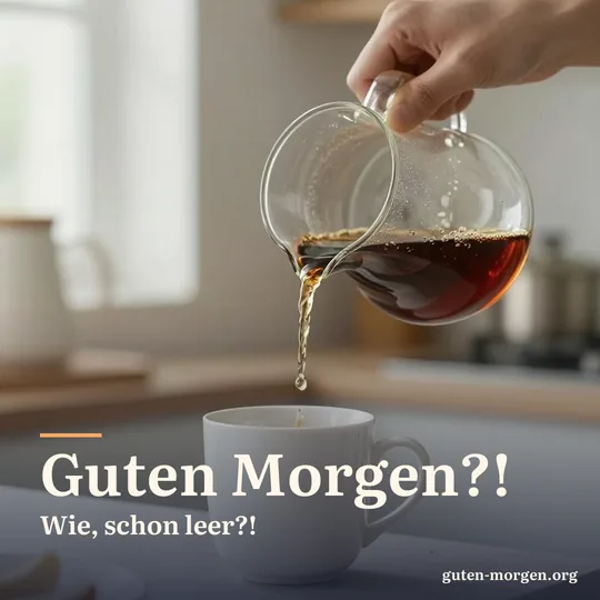 Eine Hand kippt eine leere Kaffeekanne aus Glas über einem weißen Becher, nur noch ein letzter Tropfen fällt; Schrift: "Guten Morgen?! Wie, schon leer?!"