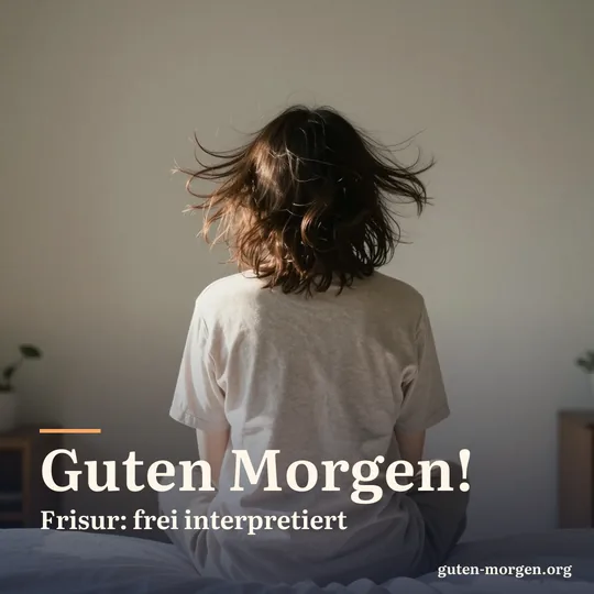 Person von hinten auf der Bettkante im Morgenlicht, die Haare stehen wild in alle Richtungen ab; Schrift: "Guten Morgen! Frisur: frei interpretiert"