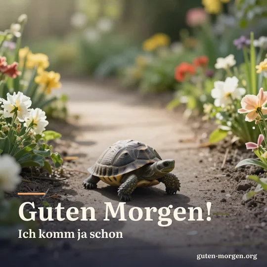 Schildkröte überquert langsam einen sonnigen Gartenweg zwischen Blumenbeeten; Schrift: "Guten Morgen! Ich komm ja schon"