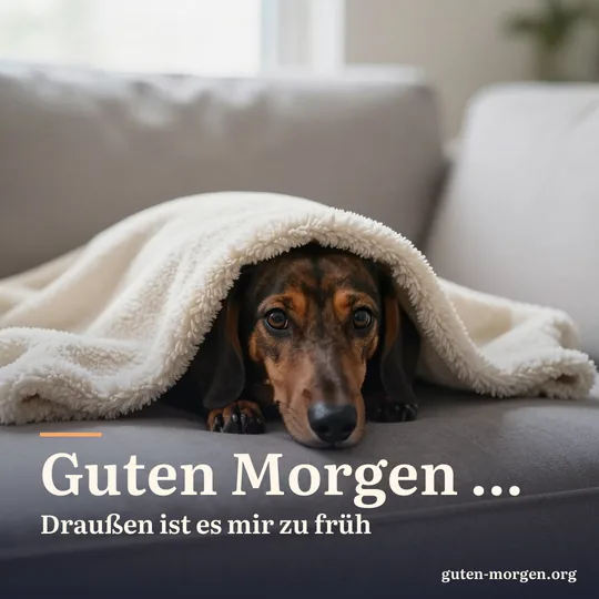 Dackel hat sich in eine weiche Decke auf dem Sofa eingegraben, nur Nase und Augen schauen heraus; Schrift: "Guten Morgen … Draußen ist es mir zu früh"