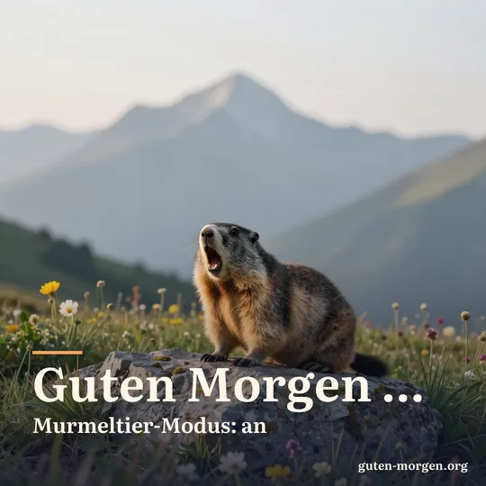 Murmeltier gähnt mit weit geöffnetem Maul auf einem sonnigen Felsen in einer Bergwiese; Schrift: "Guten Morgen … Murmeltier-Modus: an"