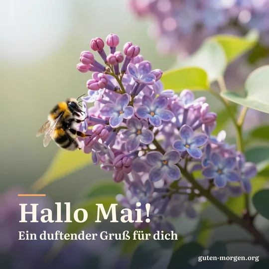 Lila Fliederblüten mit einer Hummel im hellen Morgenlicht; Schrift: „Hallo Mai! Ein duftender Gruß für dich“