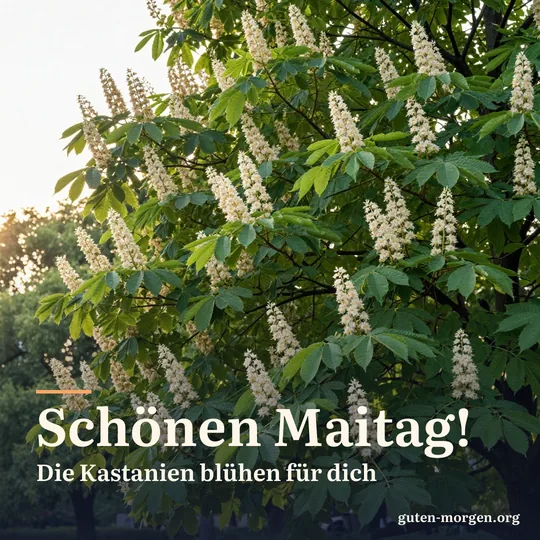 Weiße, kerzenförmige Kastanienblüten an einem großen Parkbaum im Gegenlicht der aufgehenden Sonne; Schrift: „Schönen Maitag! Die Kastanien blühen für dich“