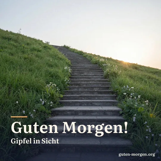 Alte Steinstufen winden sich einen grünen Hang hinauf der aufgehenden Sonne entgegen, am Rand Wildblumen; Schrift: „Guten Morgen! Gipfel in Sicht“