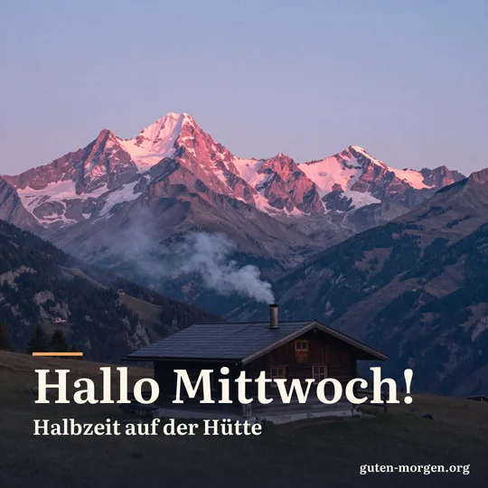 Kleine Berghütte auf einer Hochalm, aus dem Schornstein steigt Rauch, die Gipfel glühen rosa im Morgenlicht; Schrift: „Hallo Mittwoch! Halbzeit auf der Hütte“