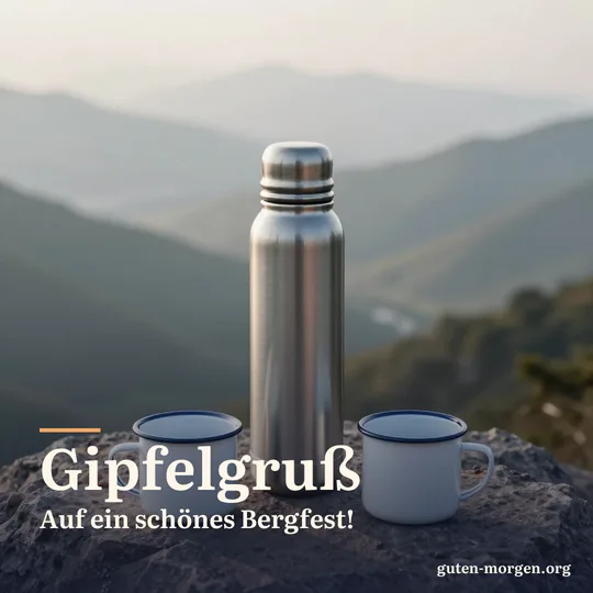 Eine hohe Thermoskanne aus Edelstahl und zwei Emaillebecher auf einem flachen Felsen am Aussichtspunkt, darunter das Tal im Morgendunst; Schrift: „Gipfelgruß Auf ein schönes Bergfest!“