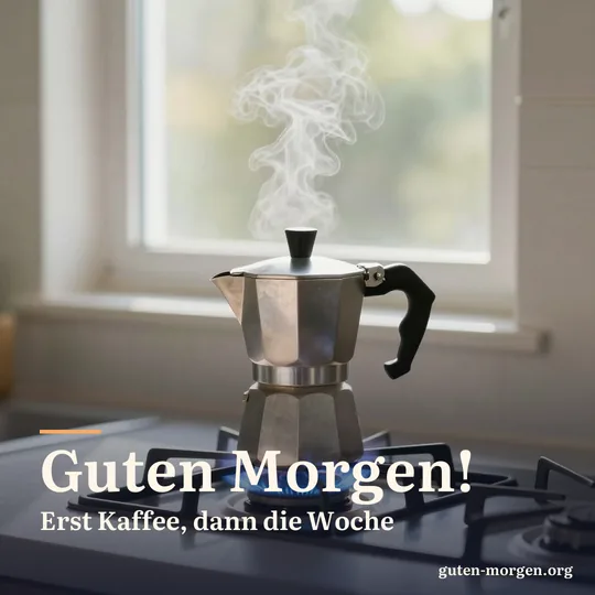 Kleine Espressokanne auf blauer Gasflamme in einer sonnigen Küche, Dampf steigt auf; Schrift: „Guten Morgen! Erst Kaffee, dann die Woche“