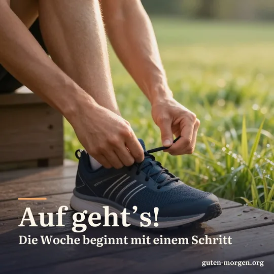 Hände binden Laufschuhe auf einer Holzstufe im goldenen Morgenlicht, dahinter taunasses Gras; Schrift: „Auf geht’s! Die Woche beginnt mit einem Schritt“