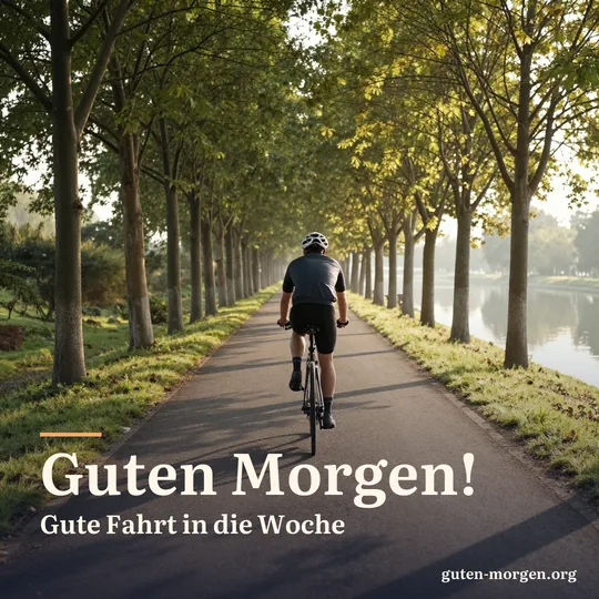 Person auf dem Fahrrad von hinten auf einem baumgesäumten Weg am Kanal bei Sonnenaufgang, lange Schatten auf dem Weg; Schrift: „Guten Morgen! Gute Fahrt in die Woche“