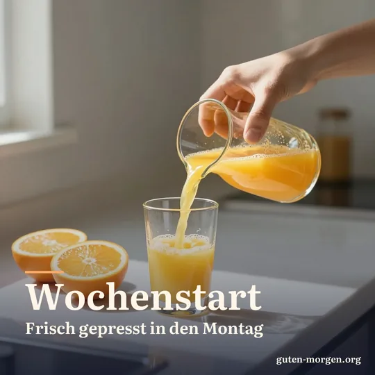 Eine Hand gießt frischen Orangensaft in ein Glas auf einer sonnigen Küchenarbeitsplatte, daneben halbierte Orangen; Schrift: „Wochenstart. Frisch gepresst in den Montag“
