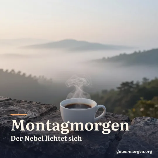 Dampfende weiße Tasse schwarzer Kaffee auf einer alten Steinmauer, darunter füllt Nebel das Tal, die Sonne geht auf; Schrift: „Montagmorgen. Der Nebel lichtet sich“