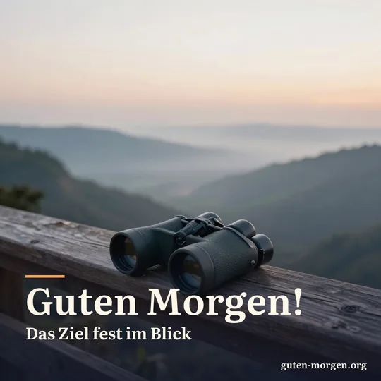 Ein Fernglas liegt auf einem verwitterten Holzgeländer über einem weiten Tal bei Sonnenaufgang; Schrift: „Guten Morgen! Das Ziel fest im Blick“