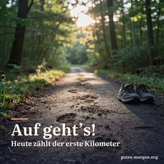 Frische Laufspuren auf einem taunassen Waldweg im Licht der aufgehenden Sonne; Schrift: „Auf geht’s! Heute zählt der erste Kilometer“