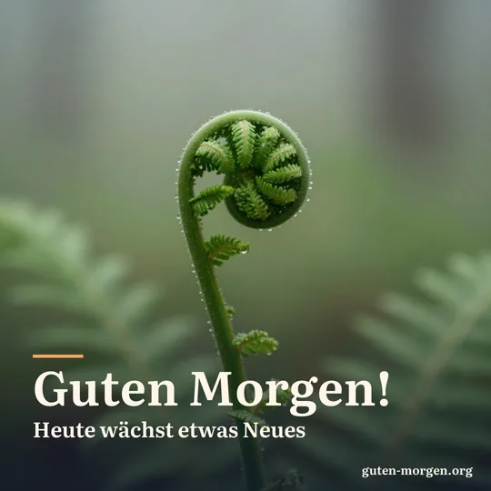 Junger Farnwedel, der sich im Wald bei Tagesanbruch entrollt, winzige Tautropfen, weiches grünes Licht; Schrift: „Guten Morgen! Heute wächst etwas Neues“