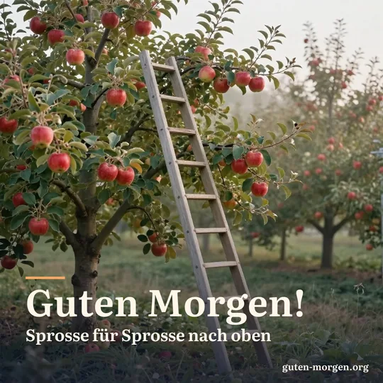 Holzleiter an einem Apfelbaum voller roter Äpfel in einem Obstgarten, leichter Morgendunst; Schrift: „Guten Morgen! Sprosse für Sprosse nach oben“