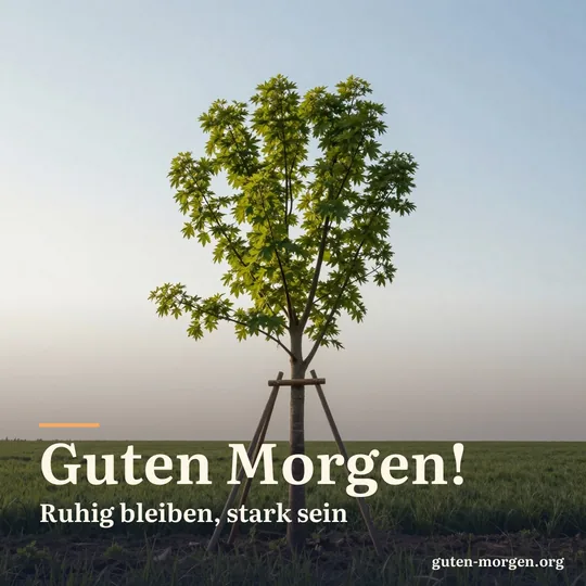 Ein junger Baum, an einem Holzpfahl festgebunden, auf freiem Feld bei Sonnenaufgang; Schrift: „Guten Morgen! Ruhig bleiben, stark sein“