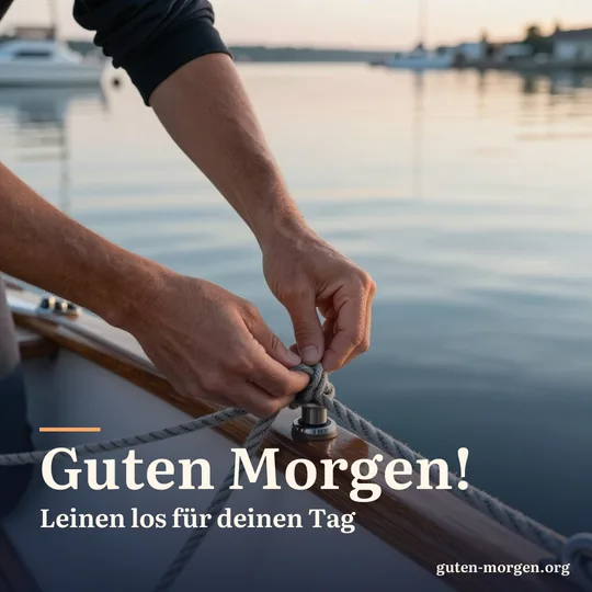 Hände lösen die Festmacherleine eines kleinen Holzsegelboots in einem stillen Hafen im Morgengrauen; Schrift: „Guten Morgen! Leinen los für deinen Tag“