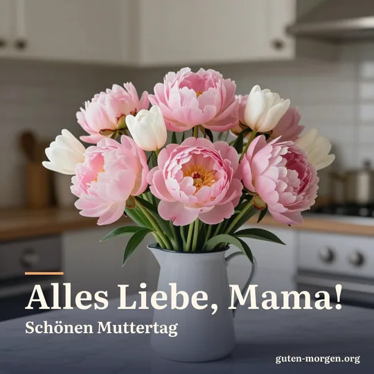Großer Strauß rosa Pfingstrosen und weißer Tulpen in einem Emaillekrug auf dem Küchentisch; Schrift: „Alles Liebe, Mama! Schönen Muttertag“