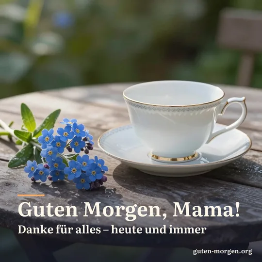Zarte Porzellantasse neben einem Sträußchen Vergissmeinnicht auf einem Gartentisch in der Morgensonne; Schrift: „Guten Morgen, Mama! Danke für alles – heute und immer“