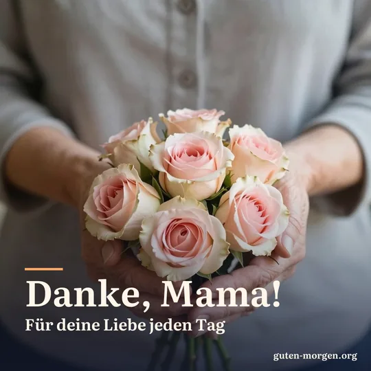 Hände einer älteren Frau halten ein Sträußchen frisch gepflückter Gartenrosen im Morgenlicht; Schrift: „Danke, Mama! Für deine Liebe jeden Tag“