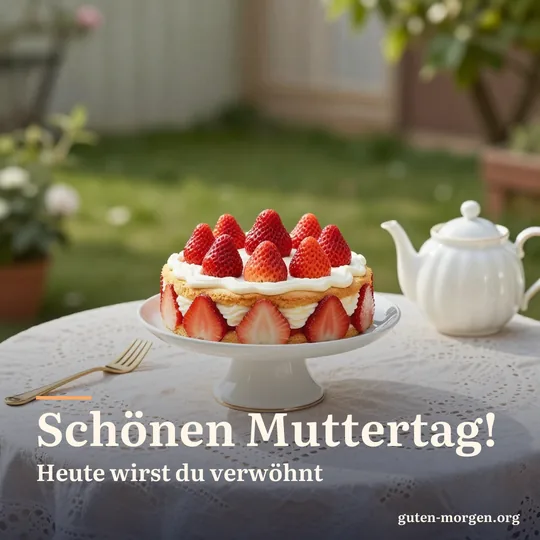 Selbst gebackene Erdbeertorte auf einer Tortenplatte auf einem sonnigen Gartentisch mit Spitzendecke und Teekanne; Schrift: „Schönen Muttertag! Heute wirst du verwöhnt“