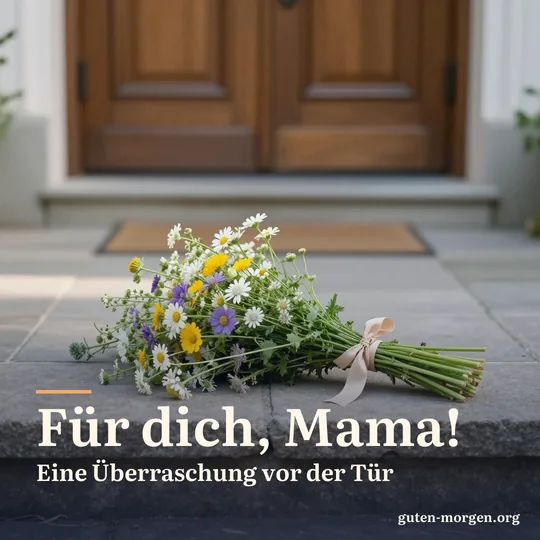 Wildblumenstrauß mit Schleife liegt in der Morgensonne auf einer steinernen Türschwelle; Schrift: „Für dich, Mama! Eine Überraschung vor der Tür“