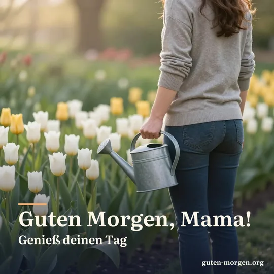 Eine Frau steht, von hinten gesehen, mit einer Gießkanne zwischen Tulpen im sonnigen Garten; Schrift: „Guten Morgen, Mama! Genieß deinen Tag“