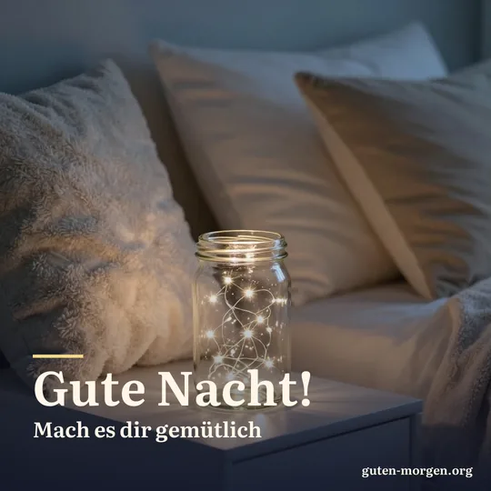 Glas mit winzigen Lichterketten-Lämpchen auf dem Nachttisch, dahinter weiche Kissen und eine Decke; Schrift: „Gute Nacht! Mach es dir gemütlich“