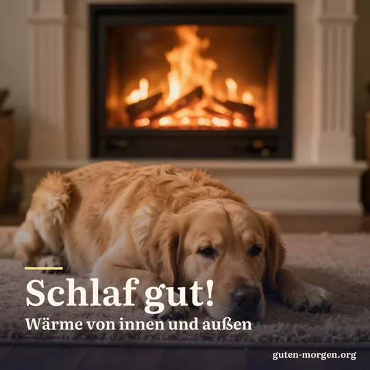 Müder Golden Retriever liegt auf einem dicken Teppich vor dem Kaminfeuer; Schrift: „Schlaf gut! Wärme von innen und außen“