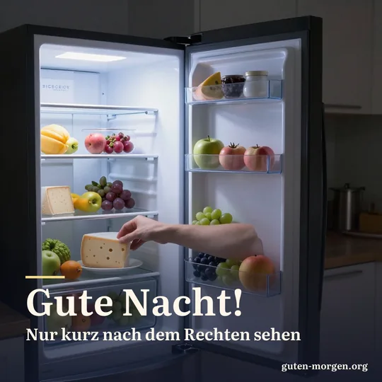 Offener Kühlschrank leuchtet um Mitternacht in der dunklen Küche, eine Hand greift nach einem Käseteller; Schrift: „Gute Nacht! Nur kurz nach dem Rechten sehen“