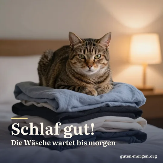 Schläfrige getigerte Katze liegt nachts zusammengerollt auf einem Stapel gefalteter Wäsche auf dem Bett, warmes Licht einer Nachttischlampe; Schrift: „Schlaf gut! Die Wäsche wartet bis morgen“