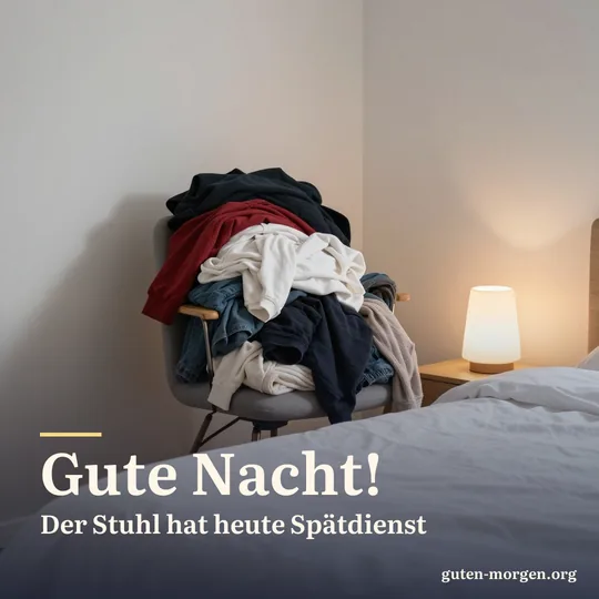 Ein Schlafzimmerstuhl verschwindet unter einem Berg Kleidung, daneben ein ordentlich gemachtes Bett; Schrift: „Gute Nacht! Der Stuhl hat heute Spätdienst“
