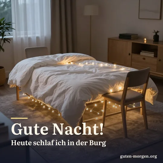 Deckenburg aus Stühlen und Laken im Wohnzimmer, innen leuchtet eine Lichterkette; Schrift: „Gute Nacht! Heute schlaf ich in der Burg“