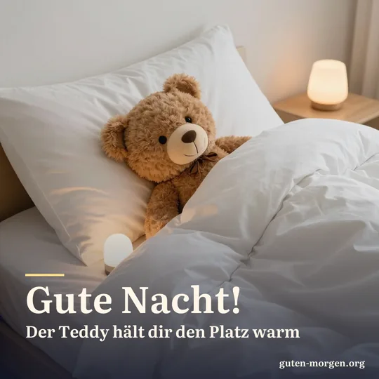 Ein Teddybär liegt zugedeckt allein im Bett, den Kopf auf dem Kissen, daneben ein kleines Nachtlicht; Schrift: „Gute Nacht! Der Teddy hält dir den Platz warm“