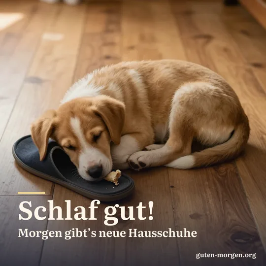 Müder Welpe liegt eingerollt neben einem angeknabberten Hausschuh auf dem Holzboden; Schrift: „Schlaf gut! Morgen gibt’s neue Hausschuhe“