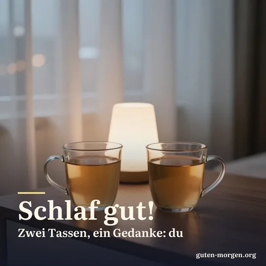 Zwei schlichte Teetassen nebeneinander auf einem Nachttisch aus Holz, eine kleine Lampe leuchtet, hinter dem Vorhang verschwommene Lichter der Stadt; Schrift: „Schlaf gut! Zwei Tassen, ein Gedanke: du“