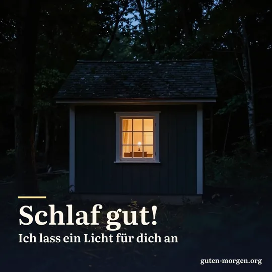 Ein einzelnes erleuchtetes Fenster in einem kleinen Haus am Rand eines dunklen Waldes; Schrift: „Schlaf gut! Ich lass ein Licht für dich an“