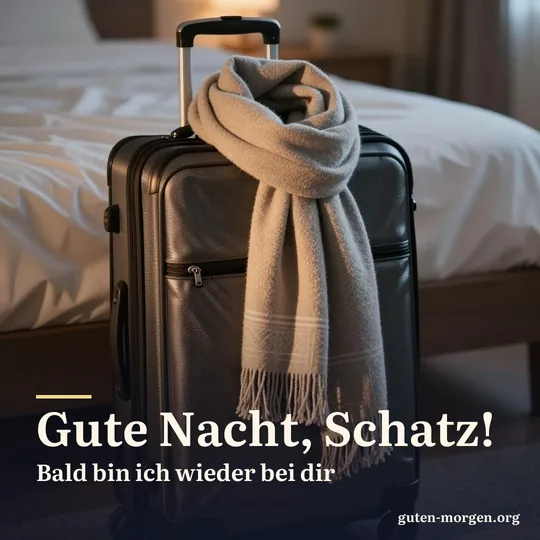 Ein gepackter Koffer steht nachts neben dem Bett, obenauf ein gefalteter Schal; Schrift: „Gute Nacht, Schatz! Bald bin ich wieder bei dir“