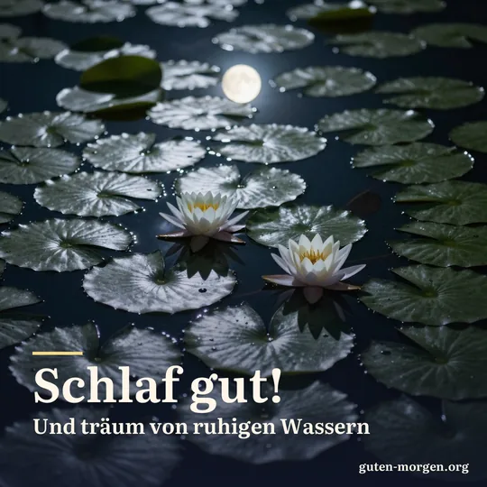 Seerosen auf einem Teich bei Nacht im sanften Mondlicht, dunkelgrüne Blätter und silberne Spiegelungen; Schrift: „Schlaf gut! Und träum von ruhigen Wassern“