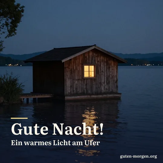 Kleines Bootshaus am Seeufer bei Nacht, das Licht aus seinem Fenster spiegelt sich im Wasser; Schrift: „Gute Nacht! Ein warmes Licht am Ufer“