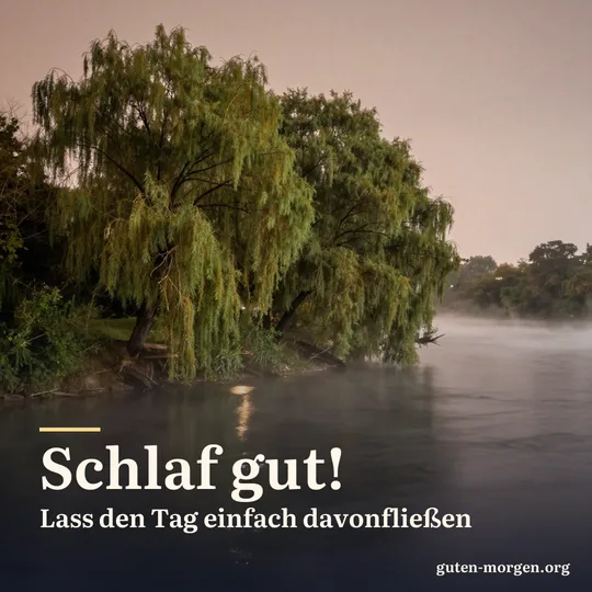 Neblige Flussbiegung bei Nacht mit alten Weiden am Ufer, Sternenlicht schimmert auf dem Wasser; Schrift: „Schlaf gut! Lass den Tag einfach davonfließen“