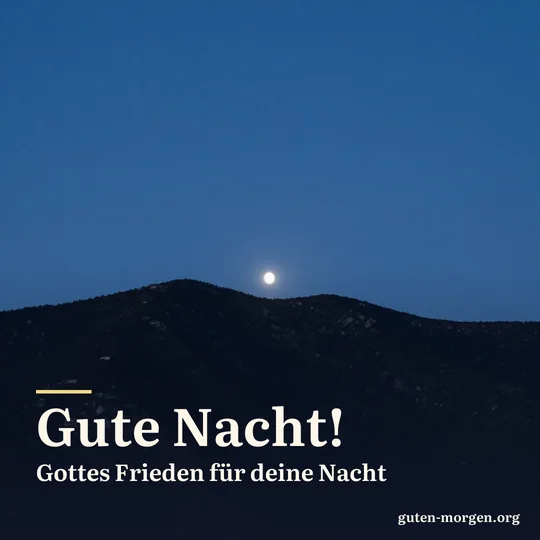 Der Abendstern leuchtet hell über einem dunklen Bergkamm im tiefblauen Dämmerhimmel; Schrift: „Gute Nacht! Gottes Frieden für deine Nacht“