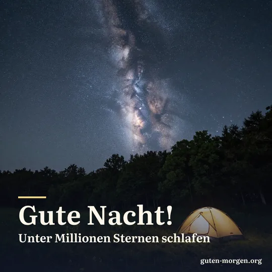Die Milchstraße wölbt sich über einer stillen Sommerwiese, am Waldrand leuchtet ein kleines Zelt; Schrift: „Gute Nacht! Unter Millionen Sternen schlafen“