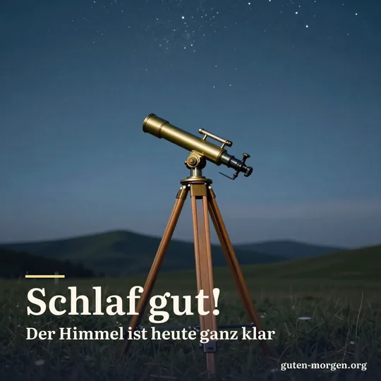 Messingfernrohr auf einem Holzstativ auf einem Grashügel unter einem Sternenhimmel; Schrift: „Schlaf gut! Der Himmel ist heute ganz klar“