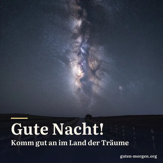 Einsame Landstraße mit Holzzaun unter dem Sternenhimmel, die Milchstraße steigt über dunklen Feldern auf; Schrift: „Gute Nacht! Komm gut an im Land der Träume“