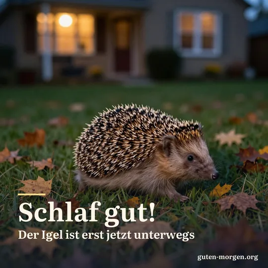 Igel läuft in der Dämmerung über den Rasen zwischen Herbstlaub, im Hintergrund warmes Licht aus einem Haus; Schrift: „Schlaf gut! Der Igel ist erst jetzt unterwegs“