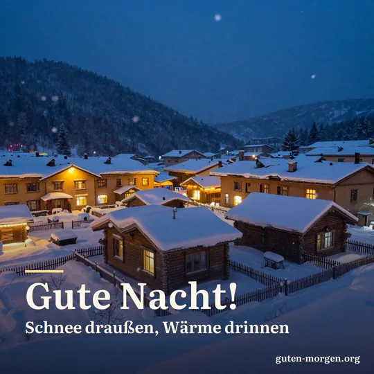 Verschneites Dorf bei Nacht mit warm erleuchteten Fenstern, sanft fallen Schneeflocken; Schrift: „Gute Nacht! Schnee draußen, Wärme drinnen“