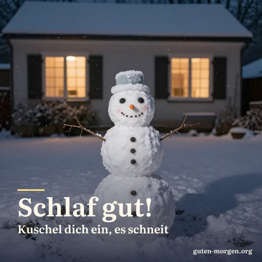 Ein Schneemann steht nachts im stillen Garten, es schneit sanft, hinter ihm leuchten die Fenster des Hauses; Schrift: „Schlaf gut! Kuschel dich ein, es schneit“