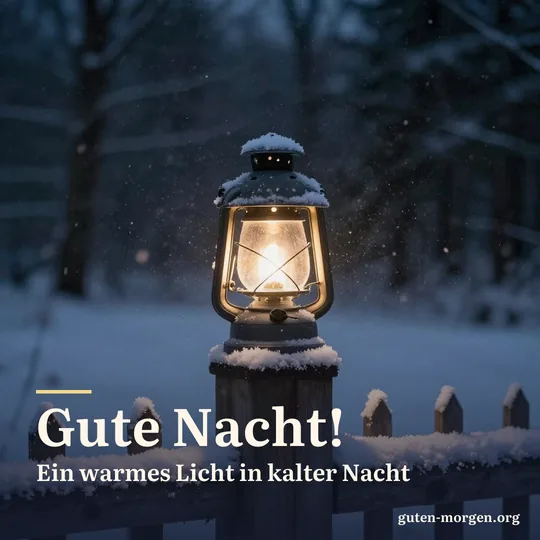 Laterne auf einem verschneiten Zaunpfosten, Schneeflocken wirbeln in ihrem warmen Licht; Schrift: „Gute Nacht! Ein warmes Licht in kalter Nacht“