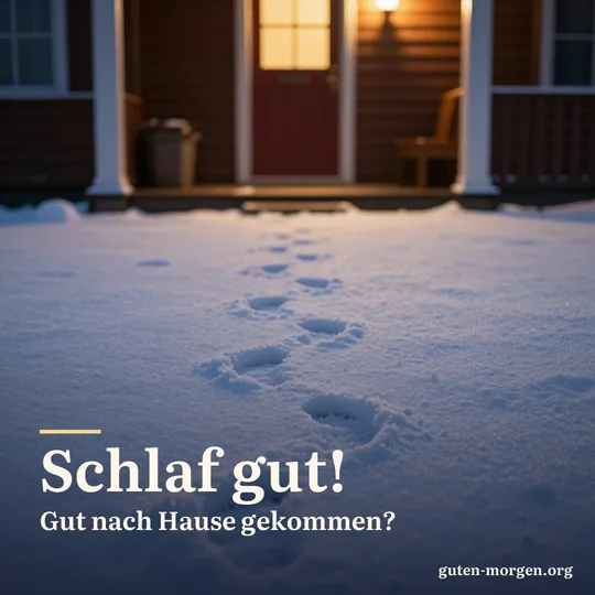 Fußspuren im frischen Schnee führen nachts zu einer Haustür mit warmem Licht; Schrift: „Schlaf gut! Gut nach Hause gekommen?“